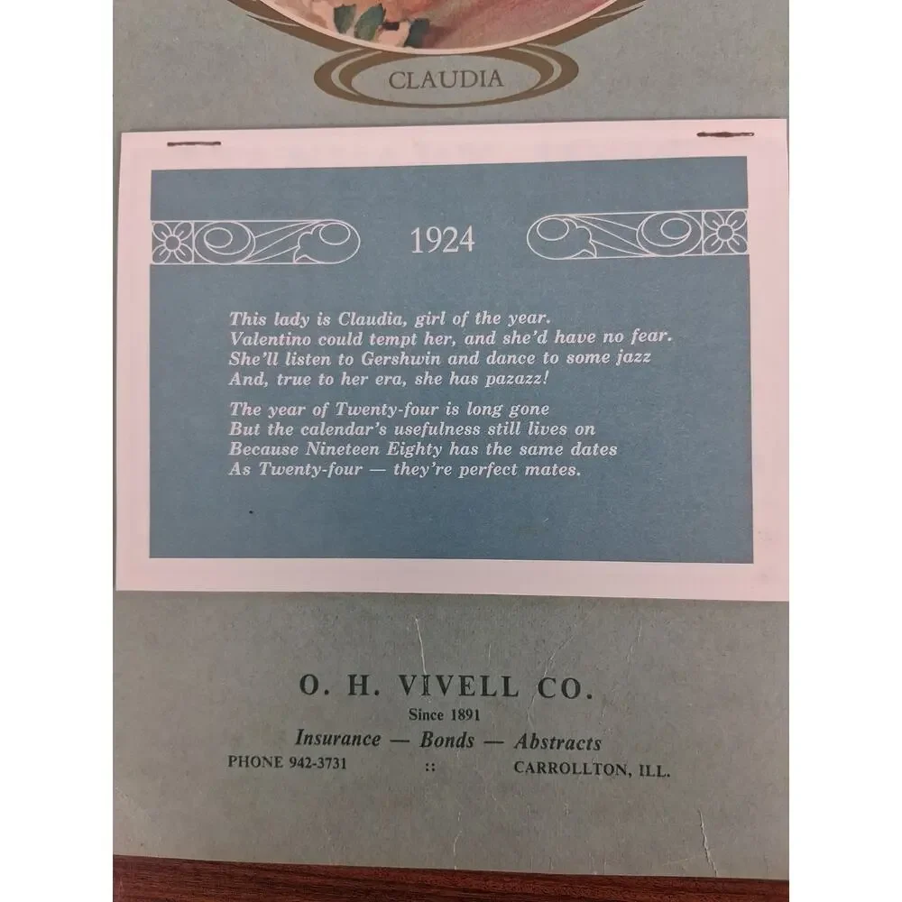 1924 Calendar Claudia O.H. Vivell Co. Antique Day Tracker Beautiful Victorian
